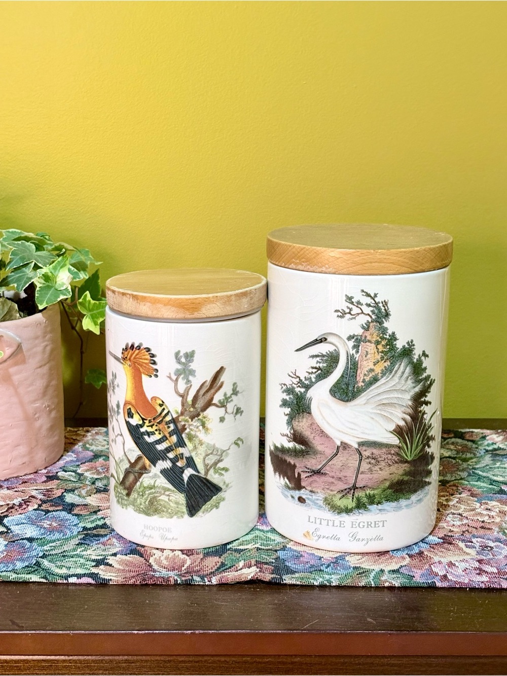 Botanical Bird Ceramic Canister Set with Wood Lids - White